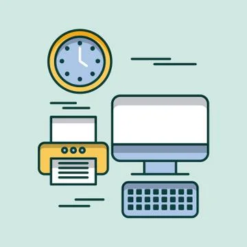Computer keyboard printer clock time office equipment Stock Illustration