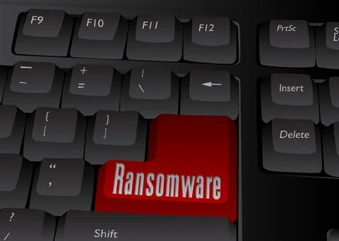 Computer Keyboard with Ransomware text. Close-up of an electronic Computer .. Stock Illustration