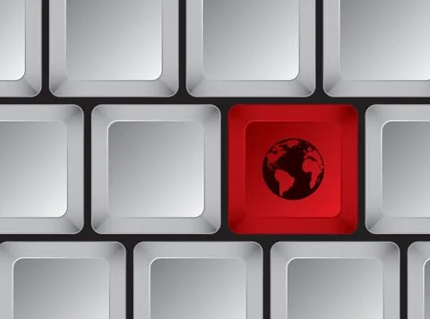 Computer keyboard with red button with planet on it Stock Illustration