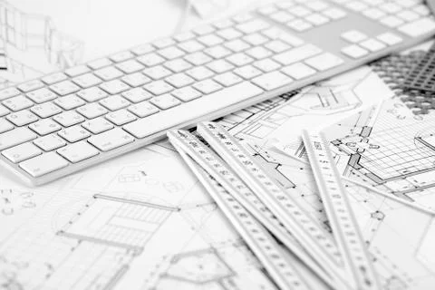 Computer keyboard, samples of materials and architectural plans Stock Photos