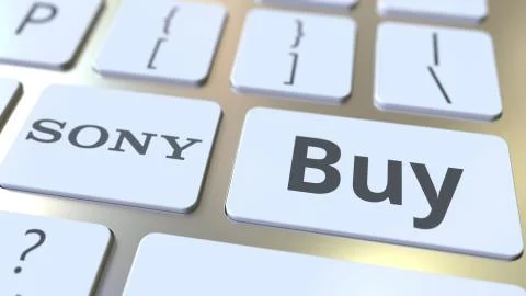 Computer keyboard with SONY logo and Buy text on the keys. Editorial 3D Stock Illustration