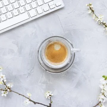 Computer keyboard on spring background with white blooming tree branches and Stock Photos