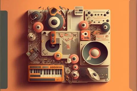A computer keyboard surrounded by various objects and a speaker on an orang.. 스톡 일러스트