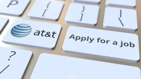 Computer keyboard with AT&amp;T logo and Apply for a job text on the keys. Editorial 库存插图