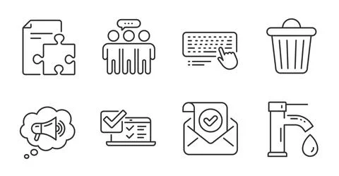 Computer keyboard, Trash bin and Employees group icons set. Strategy, Online Stock Illustration