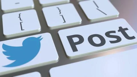 Computer keyboard with TWITTER logo and Post text on the keys. Editorial 3D Illustrazione stock