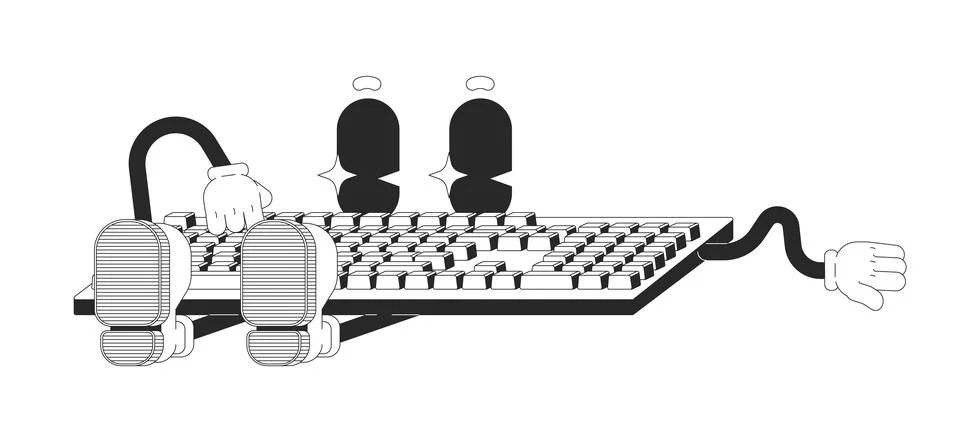 Computer keyboard typing outline groovy mascot character Stock Illustration