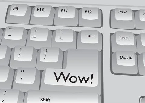 Computer Keyboard with Wow text. Close-up of an electronic Computer Device pa Stock Illustration