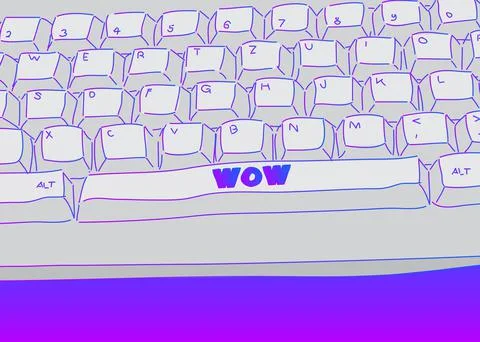 Computer Keyboard with Wow text. Close-up of an electronic Computer Device pa Stock Illustration