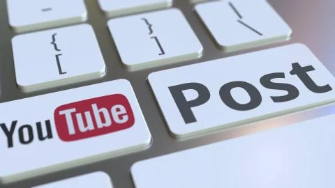 Computer keyboard with YOUTUBE logo and Post text on the keys. Editorial 3D Stock Illustration