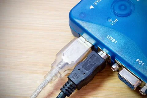 Computer KVM digital Switch with connected cables Close-up details of a bl... Stock Photos