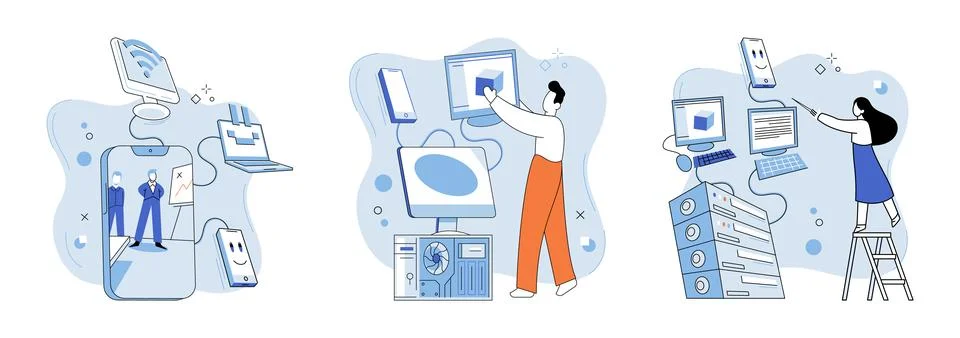 Computer lab. Control systems ensure efficient and precise management processes Stock Illustration