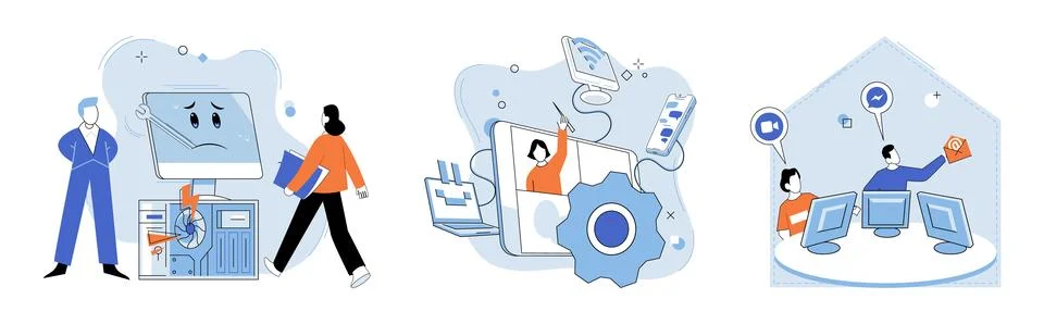 Computer lab. Tech professionals utilize cutting-edge techniques to drive Stock Illustration