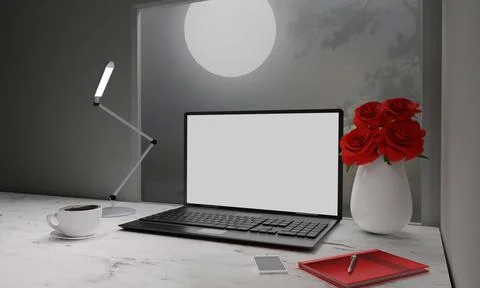Computer Labtop white screen on wooden surface table. Black coffee in white m Stock Illustration