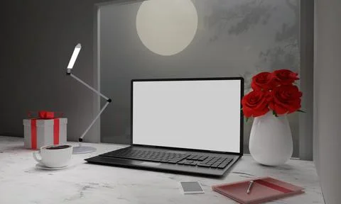 Computer Labtop white screen on wooden surface table. Black coffee in white.. 스톡 사진