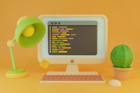 Computer with lamp and books 3D illustration Illustrazione stock