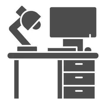 Computer with lamp and desk solid icon, Coworking concept, office workspace sign Stock Illustration
