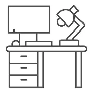 Computer with lamp and desk thin line icon, Coworking concept, office workspace Stock-Illustration