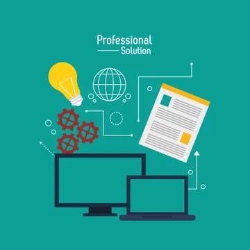 Computer laptop and document icon. Proffesional Solution. Vector Illustrazione stock