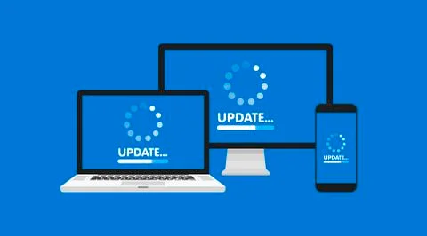Computer, laptop and smartphone with update process screen. Install new softw Stock Illustration