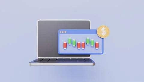 Computer laptop and trading chart, Candlestick graph, Monitoring of crypto Stock Illustration
