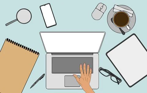 Computer laptop with blank empty screen for copy space text on working desk 스톡 일러스트