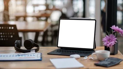 Computer Laptop with blank screen on table of coffee shop blur background with Stock Photos
