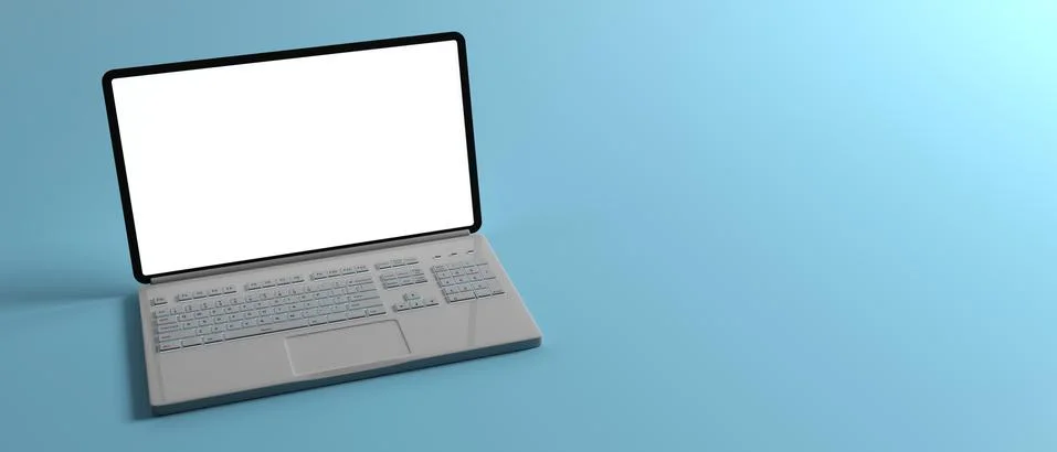 Computer laptop with blank white screen isolated on blue background, banner, Illustrazione stock