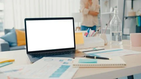 Computer laptop with blank white screen mock up display for advertising tex.. Stock Photos