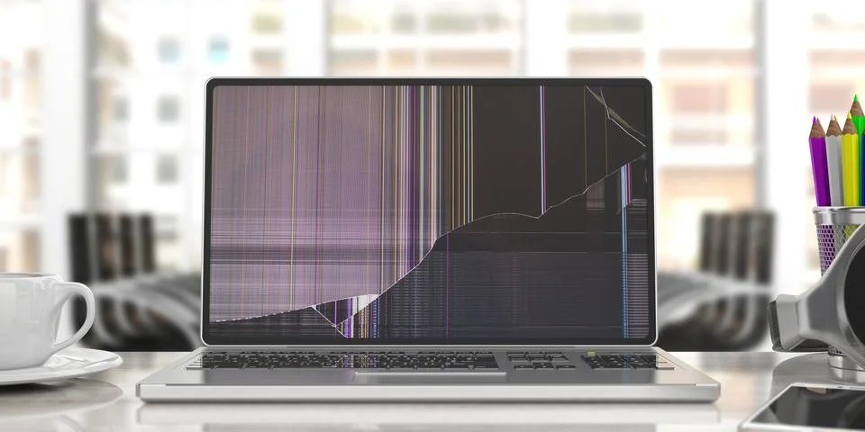 Computer laptop with broken screen on blur office business background. 3d ill Stock Illustration