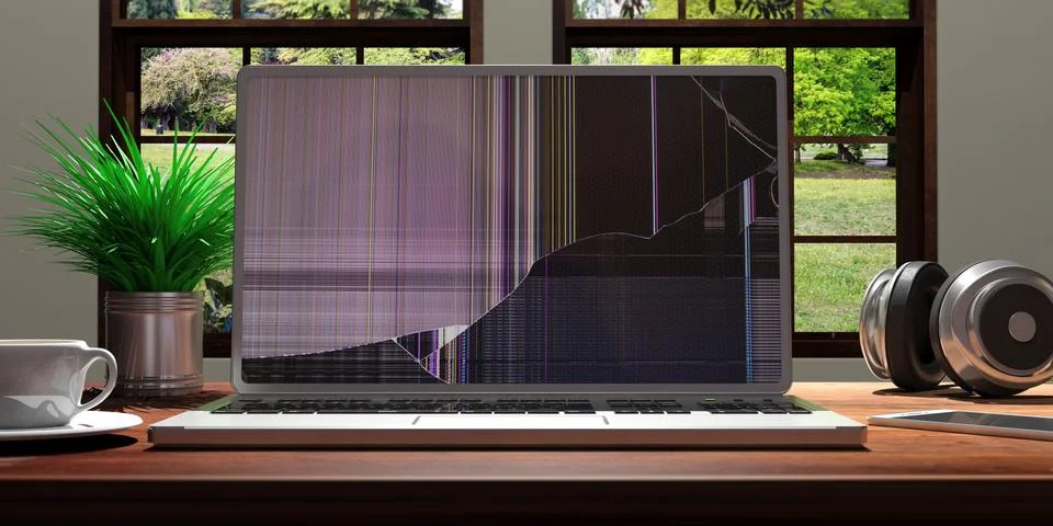 Computer laptop with broken screen on office desk. 3d illustration Illustrazione stock