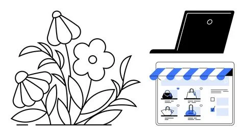 Computer laptop browsing digital storefront with a selection of products and  Stock Illustration