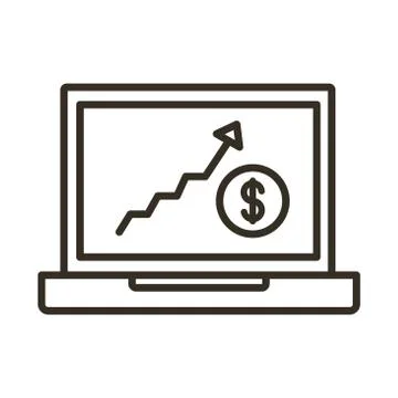 Computer laptop with coin and statistics line style icon Stock Illustration