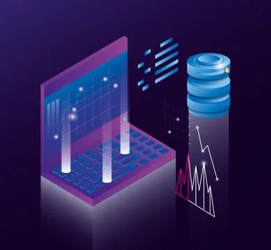 Computer laptop with data center icons Stock Illustration