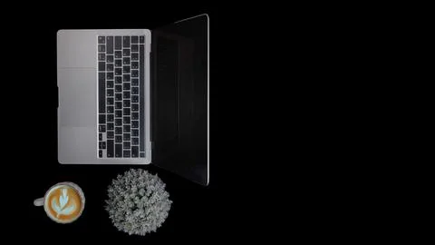 Computer laptop digital technology top view on black background. Stock Photos