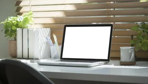 Computer laptop with empty screen, books, coffee cup and houseplant on whit.. Stock Photos