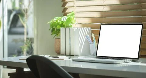 Computer laptop with empty screen, books, coffee cup and houseplant on whit.. Stock Photos