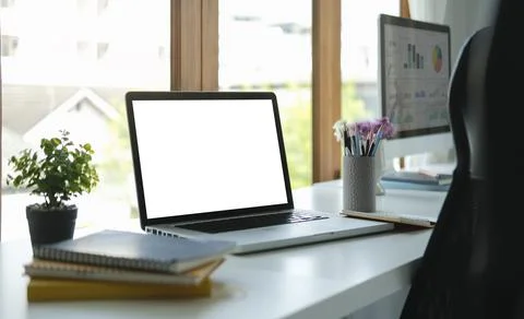 Computer laptop with empty screen, notebook and potted plant on white office  Stock Photos