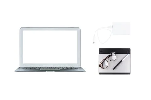 Computer laptop, graphic tablet and external harddisk isolated on white bac.. Stock Photos