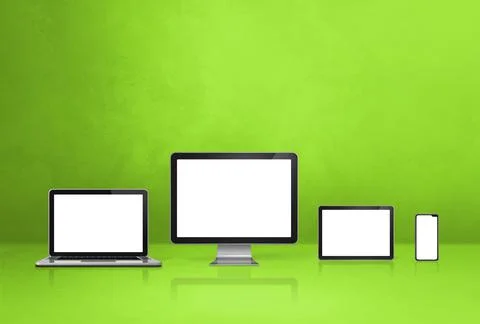 Computer, laptop, mobile phone and digital tablet pc. green background Stock Illustration