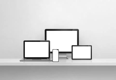 Computer, laptop, mobile phone and digital tablet pc. white concrete shelf ba Illustrazione stock