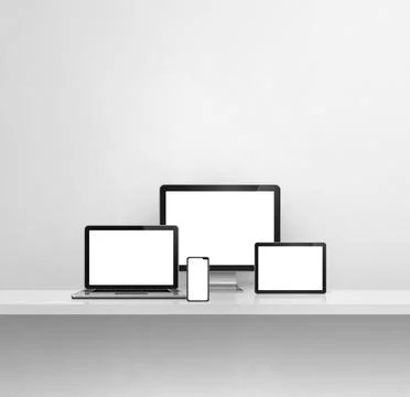 Computer, laptop, mobile phone and digital tablet pc. white concrete shelf ba 스톡 일러스트