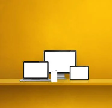 Computer, laptop, mobile phone and digital tablet pc. yellow shelf background Stock Illustration