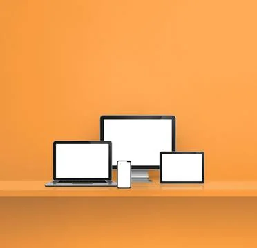 Computer, laptop, mobile phone and digital tablet pc. orange shelf background Stock Illustration