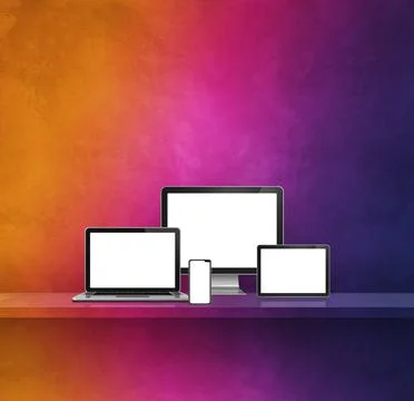 Computer, laptop, mobile phone and digital tablet pc. rainbow shelf backgroun Illustrazione stock