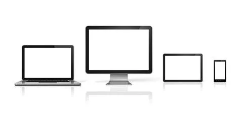 Computer, laptop, mobile phone and digital tablet pc 3D computer, laptop, ... Stock Photos