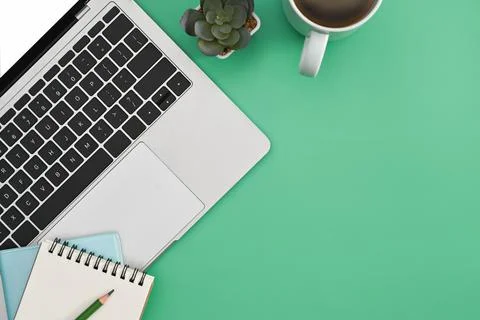 Computer laptop, notebook, coffee cup and succulent plant on green background 스톡 사진