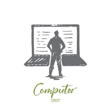 Computer, laptop, person, work, technology concept. Hand drawn isolated vecto Illustrazione stock