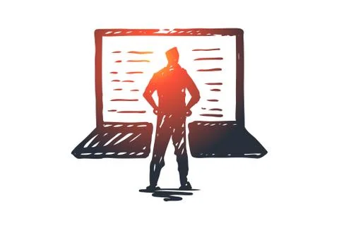 Computer, laptop, person, work, technology concept. Hand drawn isolated vecto Stock Illustration