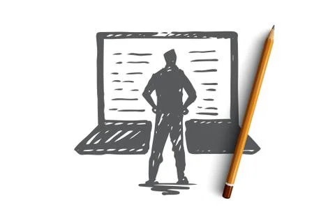 Computer, laptop, person, work, technology concept. Hand drawn isolated vecto 스톡 일러스트